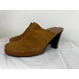 Enzo Angiolini Felicity Vintage Mustard Suede and Wood Heel Mules Size 8
